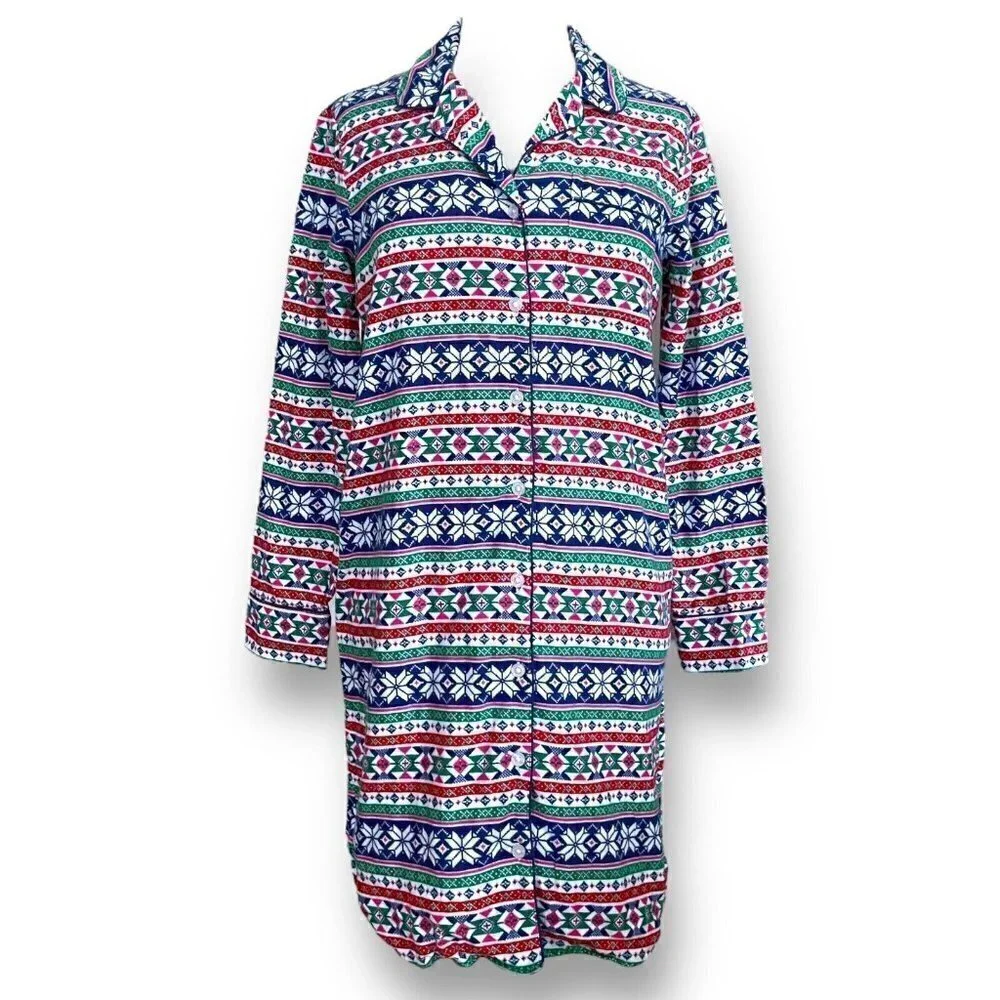 Lands End Womens Nightgown XS 2 4 Cotton Flannel Fair Isle Print Nightshirt PJs